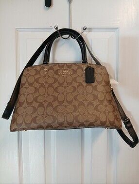 Coach Brown Signature Canvas Shoulder Bag with Black Handles